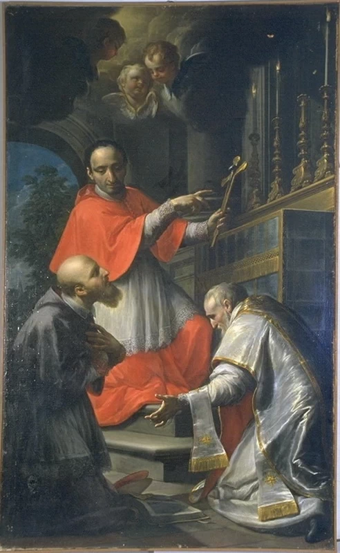 San Carlo Borromeo mostra il Sacro Chiodo a San Filippo Neri e San Francesco di Sales - Camerino, Macerata
